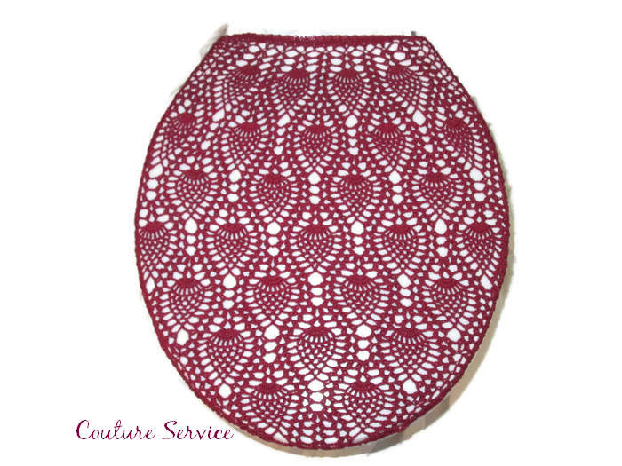 Handmade Crocheted Toilet Tank and Lid Cover, Burgundy
