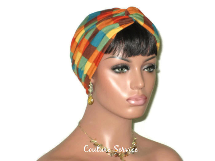 Handmade Plaid Rayon Twist Turban, Orange Multi Colored - Couture Service  - 2
