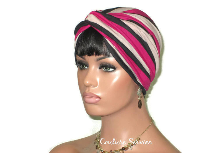 Handmade Striped Rayon Magenta Twist Turban, Taupe - Couture Service  - 1