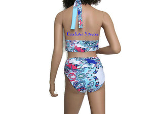 Handmade Blue Paisley Print Bikini Swimwear