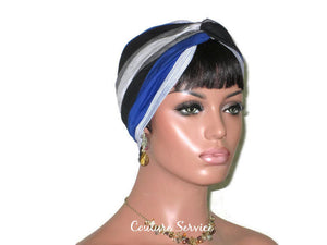 Handmade Striped Rayon Blue Twist Turban, Grey Heather and Black - Couture Service  - 3