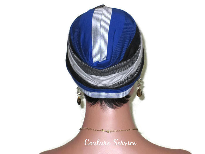 Handmade Striped Rayon Blue Twist Turban, Grey Heather and Black - Couture Service  - 4