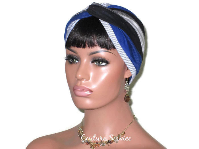 Handmade Striped Rayon Blue Twist Turban, Grey Heather and Black - Couture Service  - 1