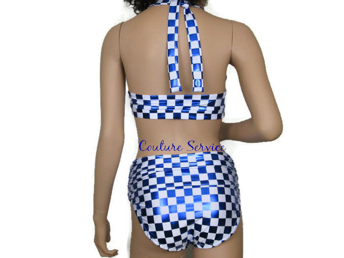 Handmade Blue Metallic & White Checkered Bikini Swimwear