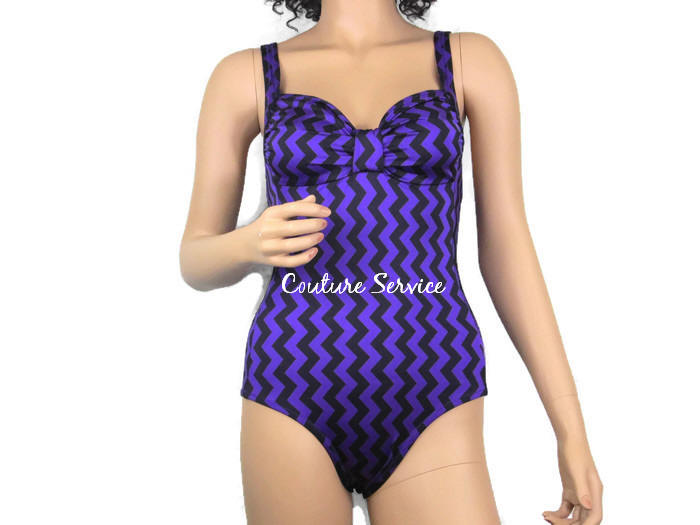 Handmade Purple & Black Zig Zag, One Piece Swimwear