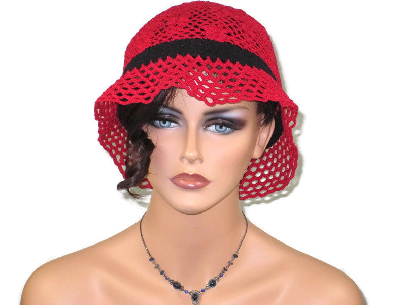 Handmade Crocheted Lace Brimmed Hat, Red & Black