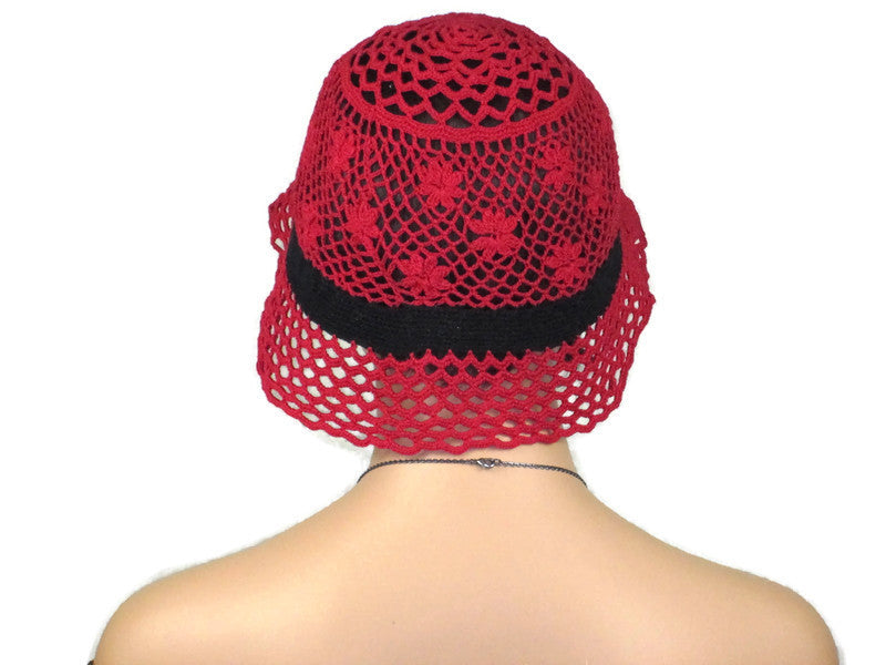 Handmade Crocheted Lace Brimmed Hat, Red & Black