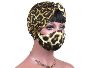 Handmade Gold & Black Twist Turban & Full Face Mask, Animal Print