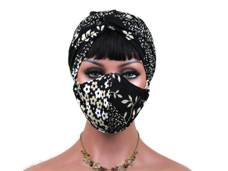Handmade Black & Tan Twist Turban, and Full Face Mask Set