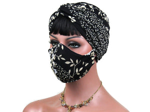 Handmade Black & Tan Twist Turban, and Full Face Mask Set