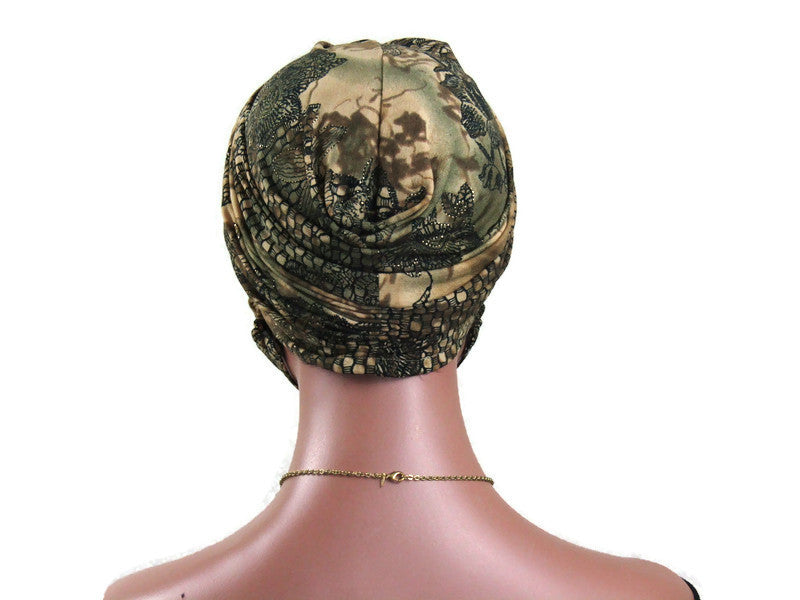 Handmade Antique Gold & Black Abstract Twist Turban, and Full Mask Set