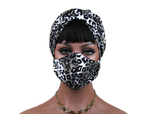 Handmade Grey Leopard Twist Turban & Full Face Mask Set, Animal Print, Black