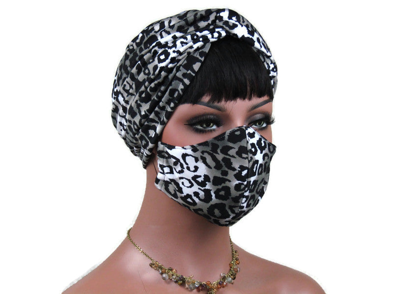 Handmade Grey Leopard Twist Turban & Full Face Mask Set, Animal Print, Black