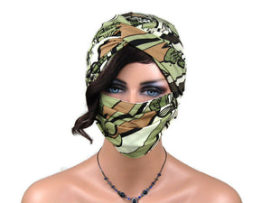 Handmade Tan & Brown Abstract Twist Turban, With Optional Face Mask