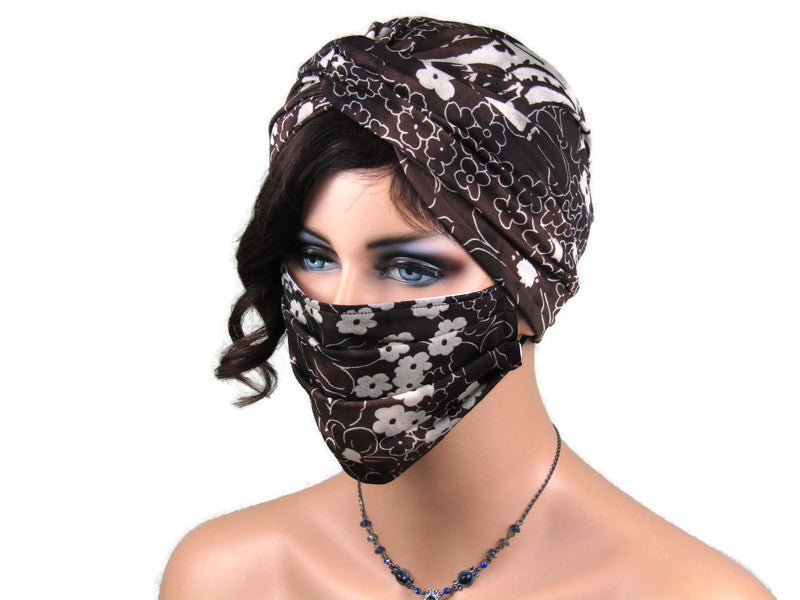 Handmade Brown & Khaki Floral Twist Turban, With Optional Face Mask