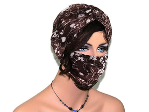 Handmade Brown & Khaki Floral Twist Turban, With Optional Face Mask