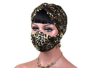 Handmade Gold & Black Twist Turban & Full Face Mask, Leopard Animal Print