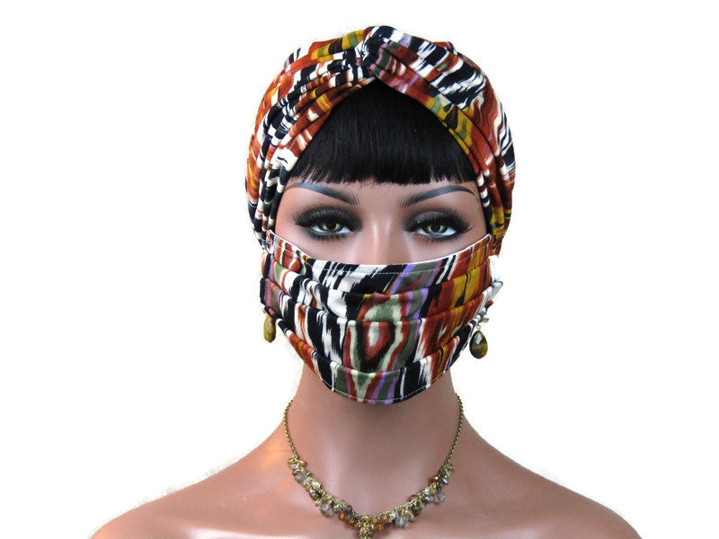 Handmade Rust Abstract Twist Turban & Face Mask Set