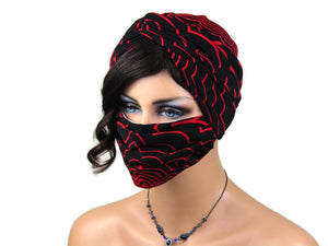 Handmade Red & Black Abstract Twist Turban & Face Mask Set