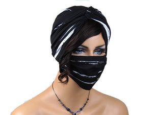 Handmade Black & White Abstract Stripe Twist Turban & Face Mask Set
