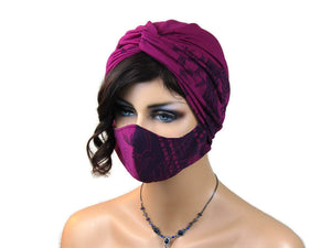 Handmade Deep Magenta & Elderberry Floral Twist Turban, & Full Mask Set