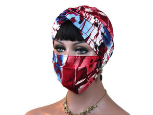 Handmade Red Multicolored Abstract Twist Turban & Face Mask Set