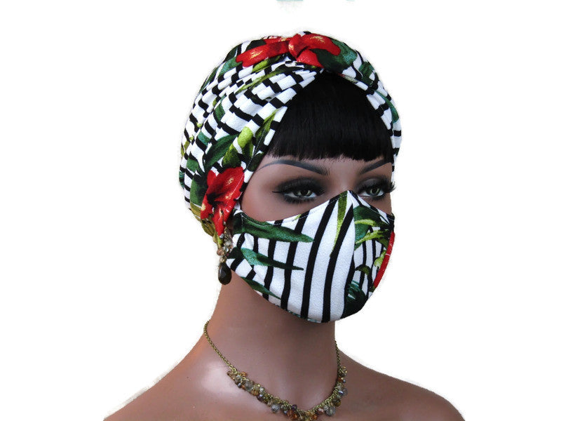 Handmade Black & White Floral Stripe Twist Turban & Full Mask Set