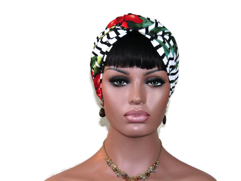 Handmade Black & White Floral Stripe Twist Turban & Full Mask Set