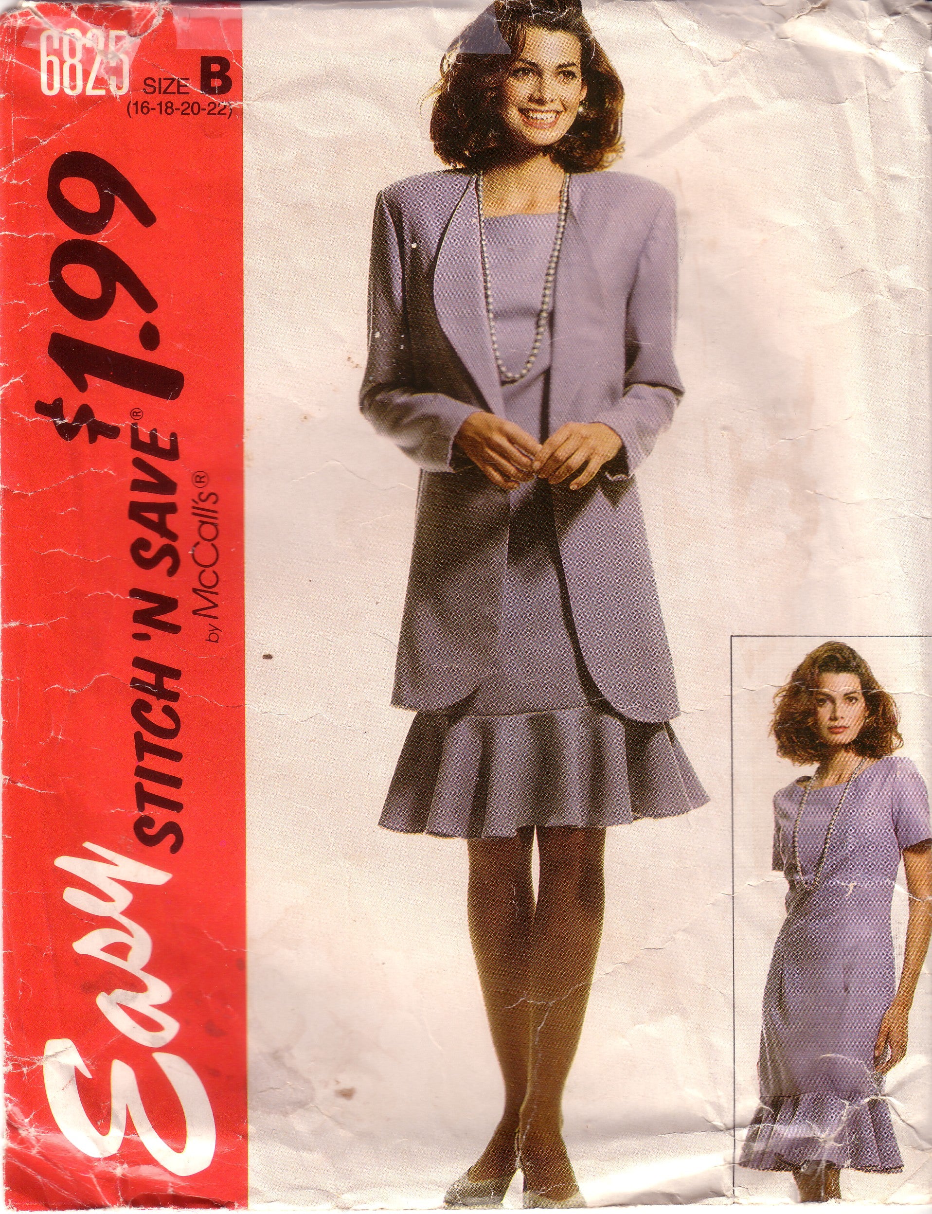 Vintage Easy McCall's Stitch 'N Save 6825, Misses Unlined Jacket And Dress, Size 16, 18, 20, 22