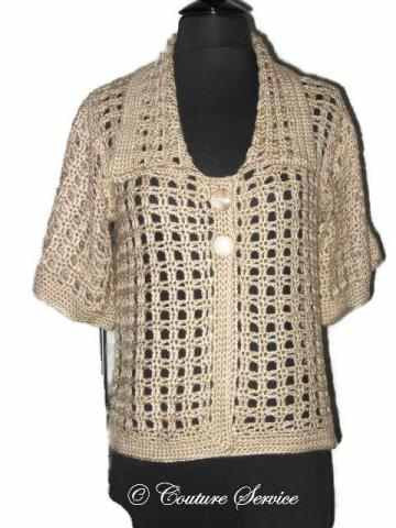 Handmade Crocheted Window Pane Lace Jacket, Natural - Couture Service  - 5