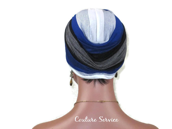 Handmade Striped Rayon Blue Twist Turban, White and Black