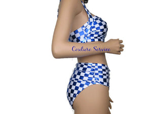 Handmade Blue Metallic & White Checkered Bikini Swimwear