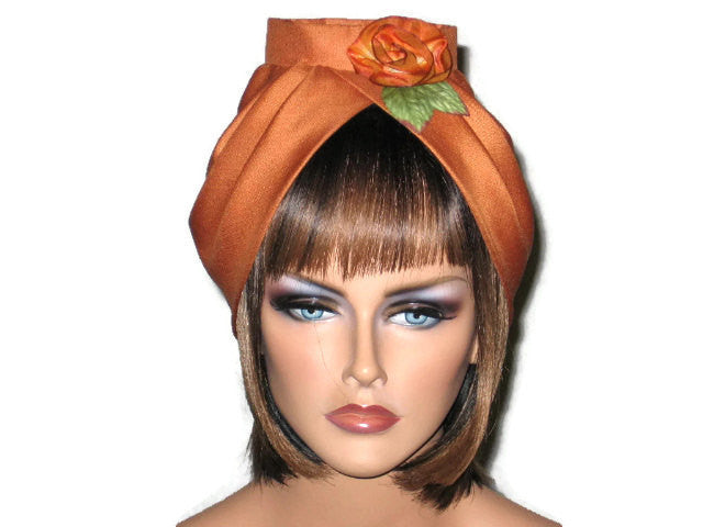 Handmade Burnt Orange Silk Turban, with Silk Floral Pin - Couture Service  - 1