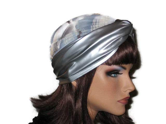 Handmade Silver Twist Turban, Abstract, Blue, Faux Leather - Couture Service  - 4