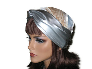 Handmade Silver Twist Turban, Abstract, Blue, Faux Leather - Couture Service  - 2