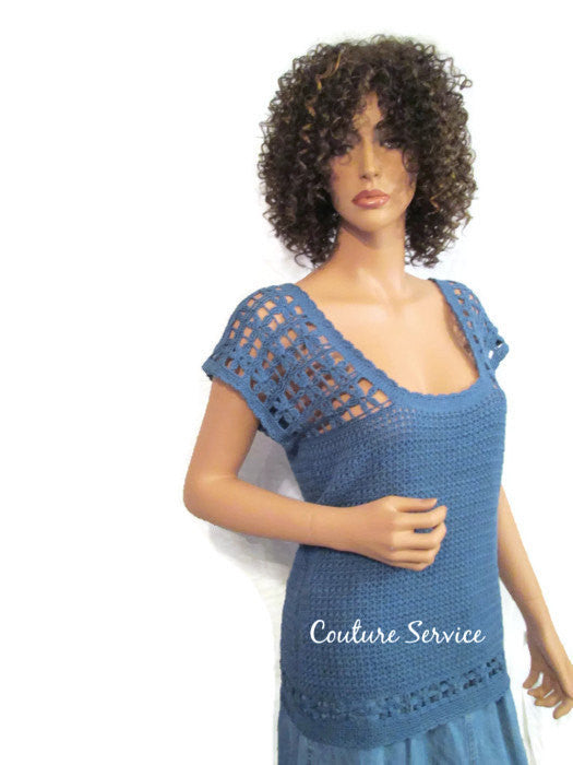 Handmade Crocheted Bamboo Lace Tank Top, Blue - Couture Service  - 1