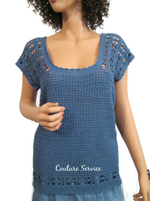 Handmade Crocheted Bamboo Lace Tank Top, Blue - Couture Service  - 2