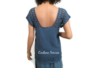 Handmade Crocheted Bamboo Lace Tank Top, Blue - Couture Service  - 3