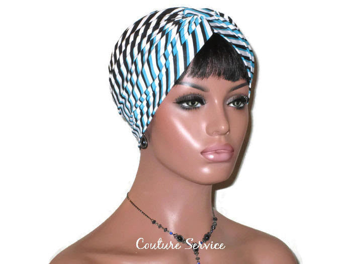 Handmade Blue Turban, Banded Single Knot, Diagonal Striped - Couture Service  - 3