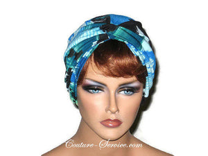 Handmade Blue Twist Turban, Abstract, Teal Green - Couture Service  - 1
