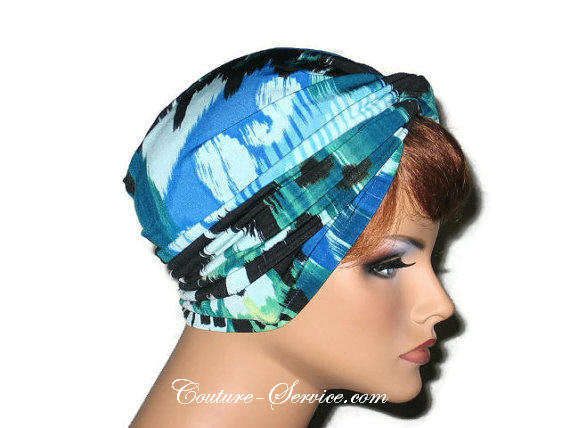Handmade Blue Twist Turban, Abstract, Teal Green - Couture Service  - 4