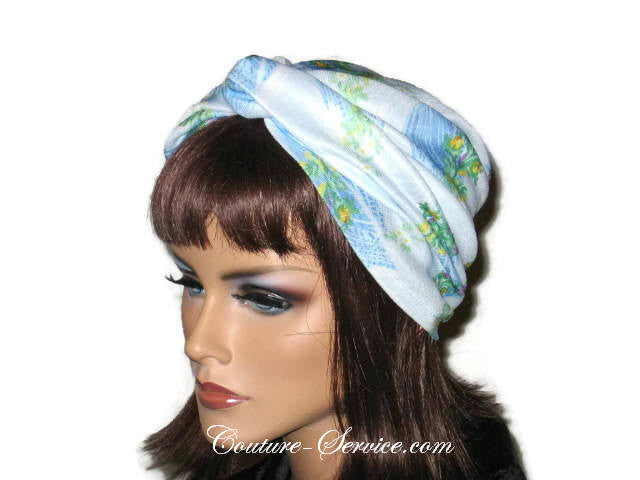 Handmade Blue Twist Turban, Floral, Double Knit - Couture Service  - 4
