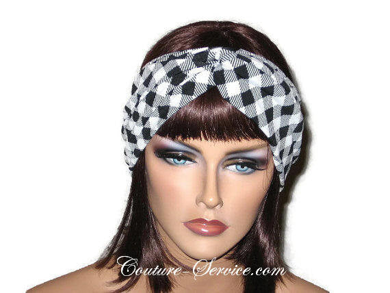 Handmade Black Bandeau Headband Turban, White, Plaid - Couture Service  - 1