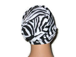 Handmade Black Chemo Turban, White, Draped, Zebra Pattern - Couture Service  - 4