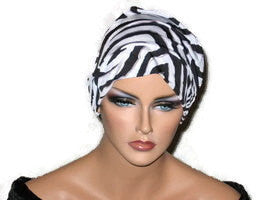 Handmade Black Chemo Turban, White, Draped, Zebra Pattern - Couture Service  - 2