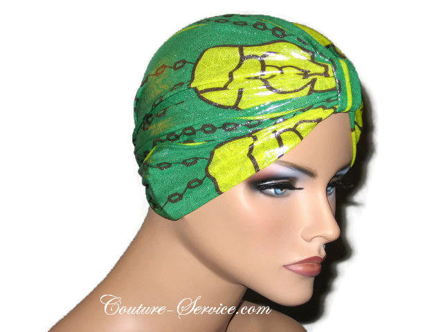Handmade Green Metallic Chemo Turban, Abstract, Yellow - Couture Service  - 4