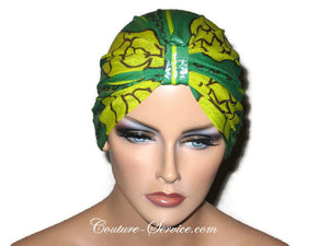 Handmade Green Metallic Chemo Turban, Abstract, Yellow - Couture Service  - 1