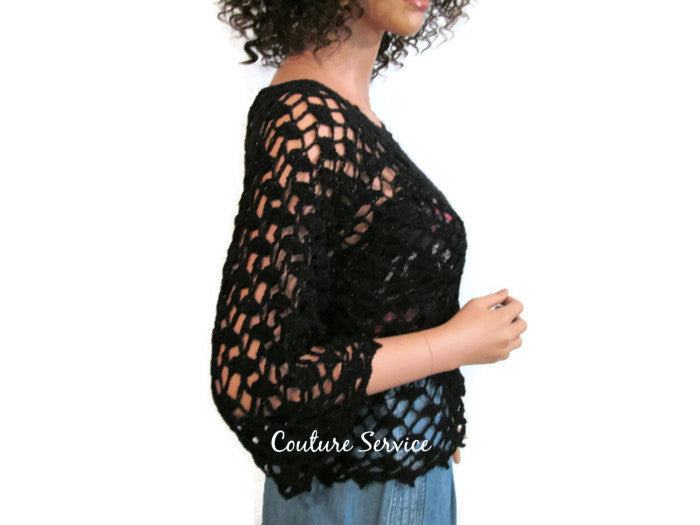 Handmade Crocheted Lace Tank Top Overblouse, Black Sparkle - Couture Service  - 2