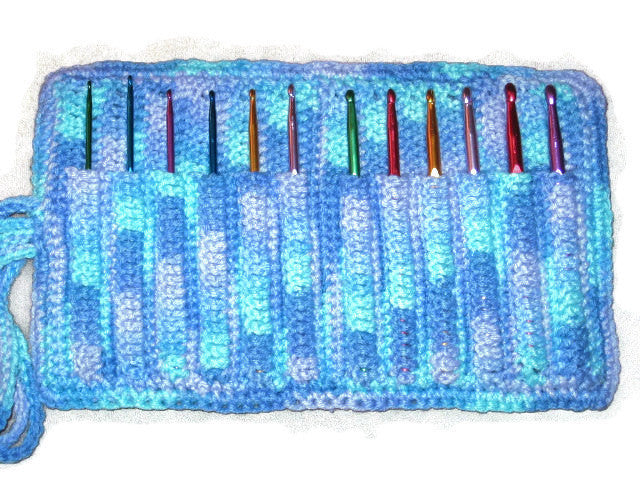 Handmade Crocheted Crochet Hook Organizer, 12 Pocket, Blue Variegated - Couture Service  - 1