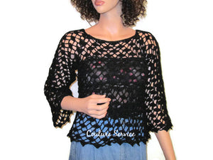 Handmade Crocheted Lace Tank Top Overblouse, Black Sparkle - Couture Service  - 1